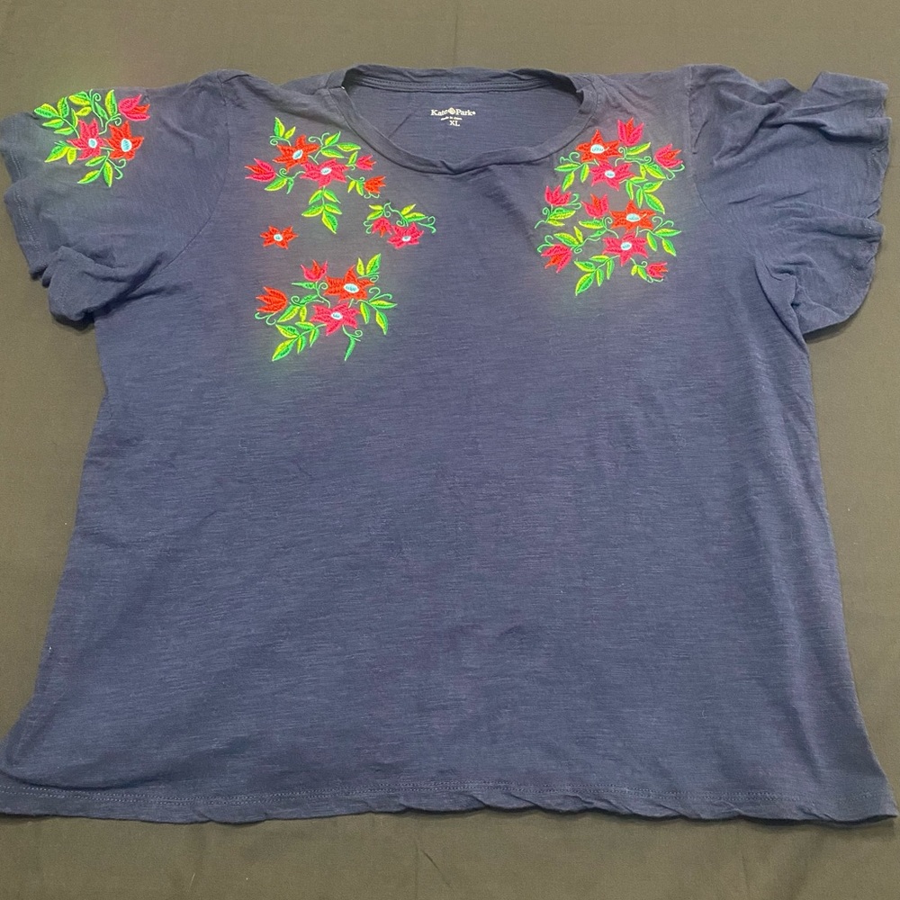Kate Park womens navy floral embroidered shirt sz XL